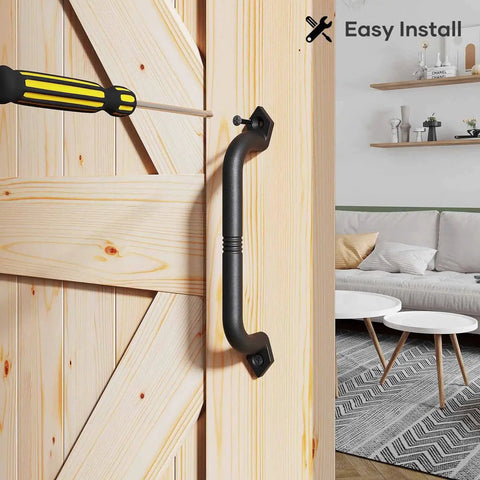 10 Inch Barn Door Pull Handle And Gate Handle In Rustic Black Aluminum For Easy Install being installed on a wooden door