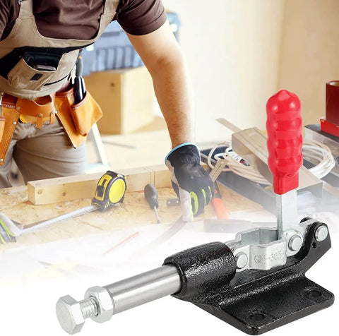 Adjustable Toggle Clamp With Push Pull Action, 851 Lbs Capacity, High Carbon Steel Construction, Red Finish in use