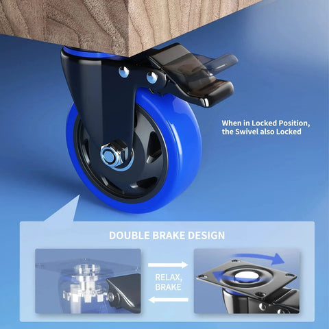 Close-up of 5 Inch Caster Wheels With Safety Dual Locking Heavy Duty Set Of 4 Industrial Swivel Casters, blue polyurethane wheel