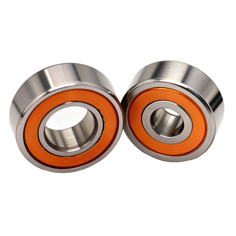 Two orange-sealed hybrid ceramic bearings for fishing reels; SMR115-2RS CB (5x11x4mm) and S623-2RS CB (3x10x4mm)