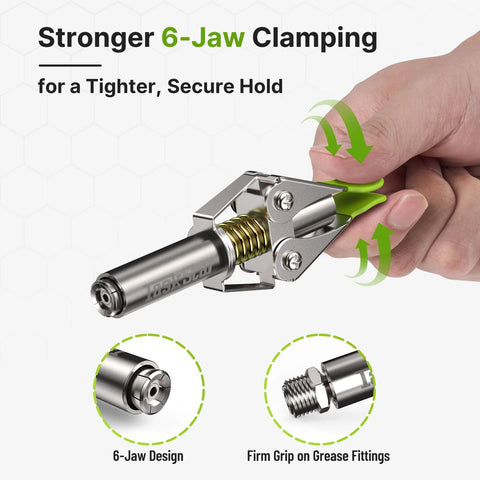 TaskStar grease gun coupler with 6-jaw clamp and quick-release lever, green grip shown