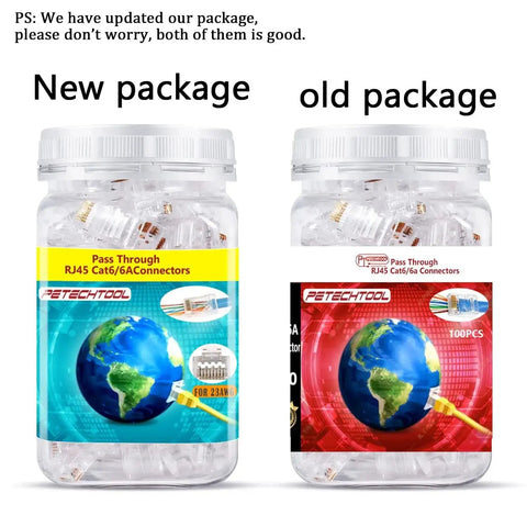 New and old packaging of Cat6a Pass Through Ethernet Connectors 8P8C Gold Plated 23 AWG for Unshielded Twisted Pair Solid Wire and Cables