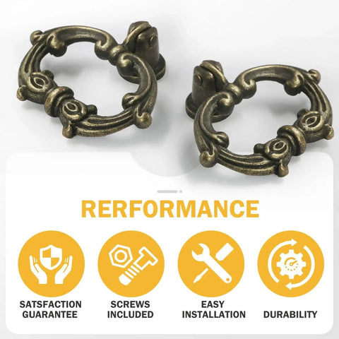 Image of Six Bronze Oval Drop Ring Drawer Pulls Set With Mounting Hardware For Dresser Cabinets And Cupboards, vintage style.