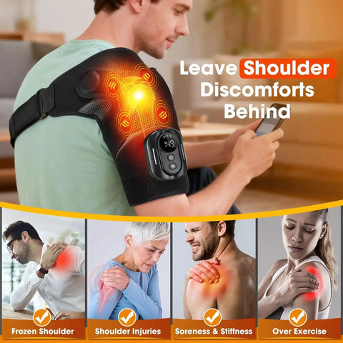 Man using Cordless Shoulder Heating Pad With Massage And Remote Control for rotator cuff pain relief, text about shoulder discomfort.