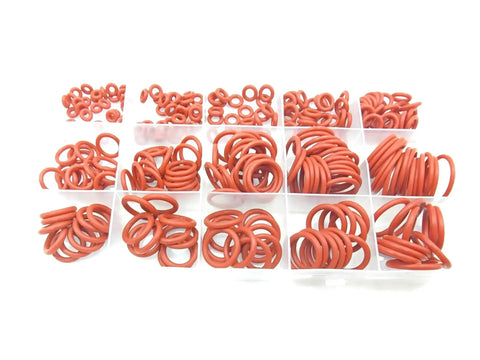Red Silicone O Ring Kit 225 Piece Set With 15 Metric Sizes VMQ Sealing Gasket Kit in transparent storage box compartments.