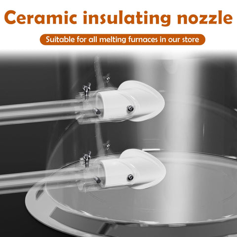 Ceramic insulating nozzle, 2 pcs, white ceramic, mounted on a metal tube in a furnace setup