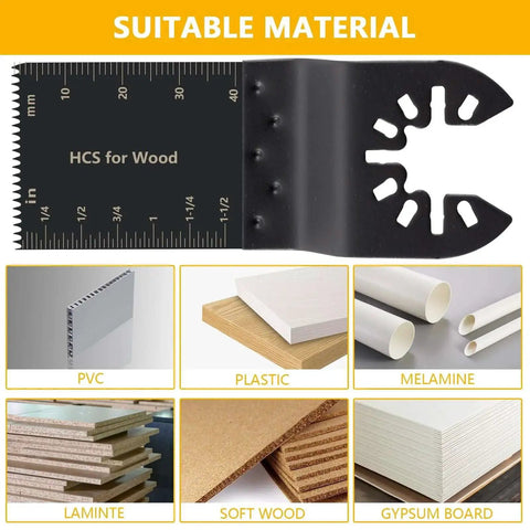 Versatile 100 Piece Oscillating Saw Blade Kit for Wood Metal Plastic with Quick Release Fits Dewalt Ryobi Bosch Milwaukee Universal Oscillating Tool Blades for Any Job in the Workshop Pro Grade showing compatibility with PVC, plastic, melamine, and more materials.