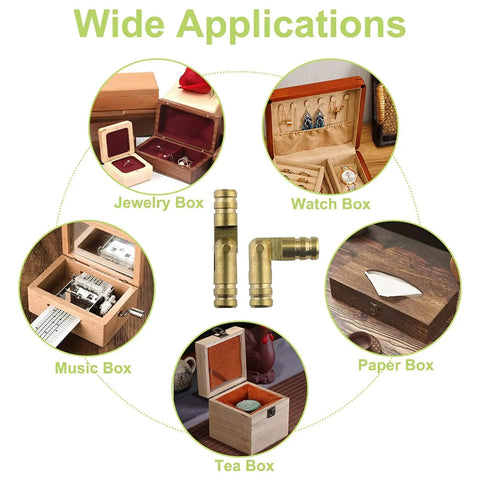 Diagram showing wide applications of Brass Invisible Barrel Hinges For Jewelry Boxes And DIY Projects 20 Pieces M5 X 25mm Concealed Cylindrical Hinges Durable Solid Brass For Easy Install And Clean Look with examples of jewelry, watch, music, paper, and tea boxes.