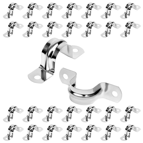 Stainless steel conduit clamp, 1 inch, 2-hole U bracket, 30-piece set for pipe fixing; close-up view