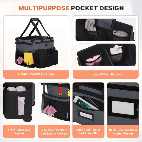 Large Rolling Cleaning Caddy On Wheels With Detachable Trolley Gray Waterproof Organizer showcasing multipurpose pocket design