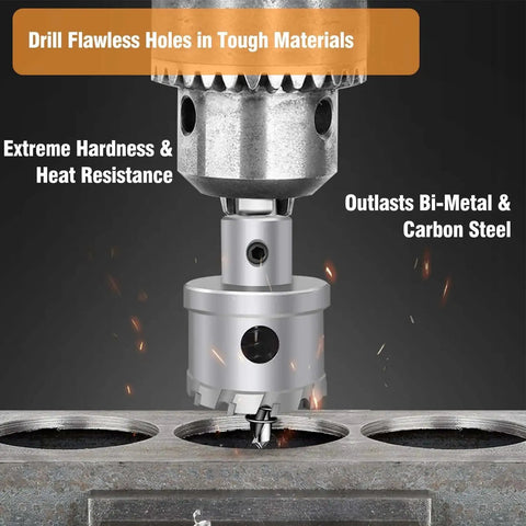 2 Inch Tungsten Carbide Tipped Hole Saw Kit With Spring Loaded Pilot Bit For Stainless Steel Hard Metal Iron Wood And Plastic Pro Grade Heavy Duty 51mm Cutter Uses Industrial Grade TCT Teeth For Long Lasting Sharp Cuts And Easy Drilling in action making holes