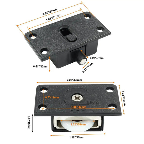 Sliding Cabinet Door Hardware Kit With Two Pairs Of ABS Single Wheel Furniture Rollers, dimensions labeled, black design.
