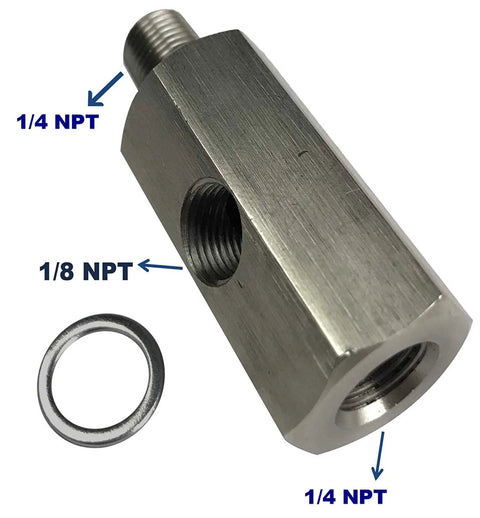 Stainless steel oil pressure tee adapter with 1/4 NPT female, 1/4 NPT male and 1/8 NPT side port, includes washer
