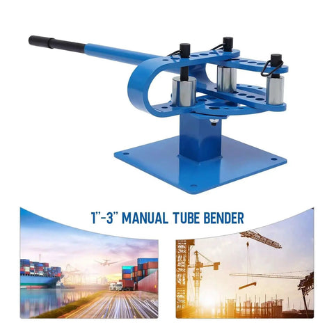 Beefy Workhorse Pipe Bender With 7 Dies, blue benchtop tube bending machine for metalwork, manual operation, industrial background