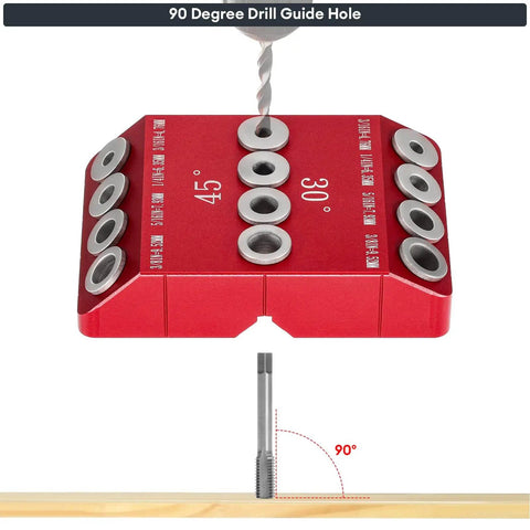 30 45 90 Degree Drill Hole Guide Jig with marked angles, pro grade aluminum alloy, steel sleeves, for precise wood drilling.