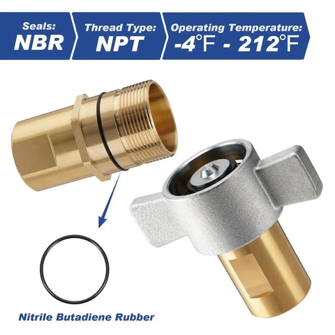 Heavy Duty 1 Inch NPT Wet Line Wing Nut Hydraulic Quick Disconnect Coupler Set showing brass body and NBR seals for trailers