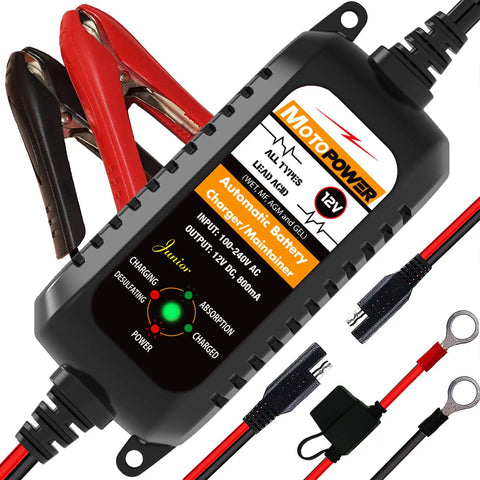 All Weather 12V Battery Charger Maintainer And Desulfator With Automatic Trickle Charge For Cars Boats And Powersports 800mA Lead Acid AGM Gel Cell Ready By MOTOPOWER MP00205A front view with clamps and connectors.