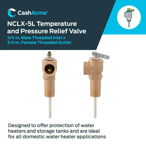 Combination Temperature And Pressure Relief Valve For Water Heaters Three Quarter Inch NCLX 5L Push To Connect Brass Fittings