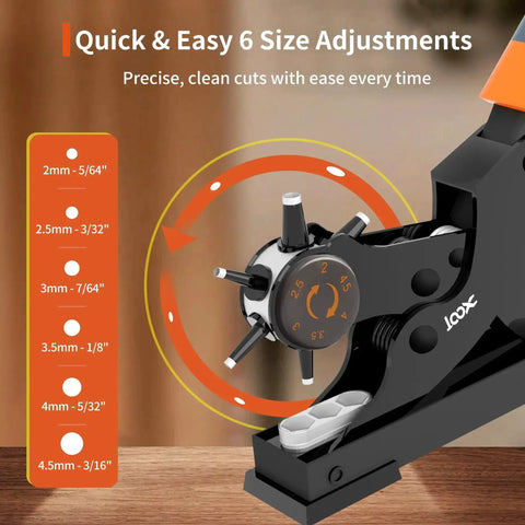 Rotary Leather Hole Punch Kit With Multiple Size Punches For Belts Watch Bands Straps Dog Collars Saddles Shoes Fabric And DIY Projects This Beast Heavy Duty Pliers For Quick Clean Holes showing adjustment mechanism