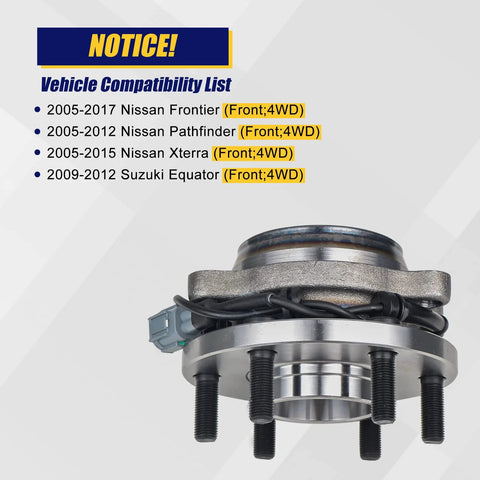 Front Wheel Bearing And Hub Assembly Direct Fit For Nissan Frontier 2005-2017, Pathfinder, Xterra, Suzuki Equator 4x4 6 Lug ABS