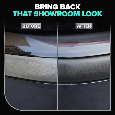Before and after application of Plastic Restorer for Cars Deep Black Shine for Trim and Vinyl UV Protection on car bumper.