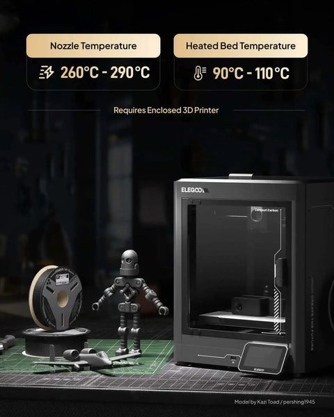 Carbon Fiber PAHT Nylon 3D Printing Filament 1.75mm High Temp 194C Heat Resistant 1Kg Spool For Enclosed FDM Printers displayed with 3D printer and printed model