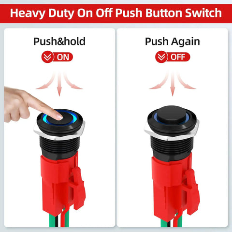 12V 20A Tough As Nails Heavy Duty Latching Push Button Switch Waterproof On Off 16mm Pushbutton With Blue LED operation example