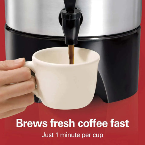 Close-up of Party Ready 45 Cup Coffee Urn And Hot Beverage Dispenser With Fast One Minute Per Cup Brew, dispensing coffee into a mug.