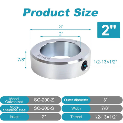 Diagram of Workhorse 2 Inch Bore Shaft Collar Set 2 Pack, Zinc Plated, showing dimensions and specifications.