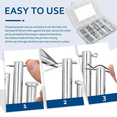 Illustration showing use of 558 Piece Cotter Pin Set With 10 Sizes In 304 Stainless Steel R Clips And Hairpin Pins in a locking mechanism.