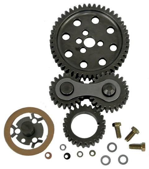 Hi-Performance Timing Gear Drive for Small Block Chevy Engines with gears and hardware components laid out