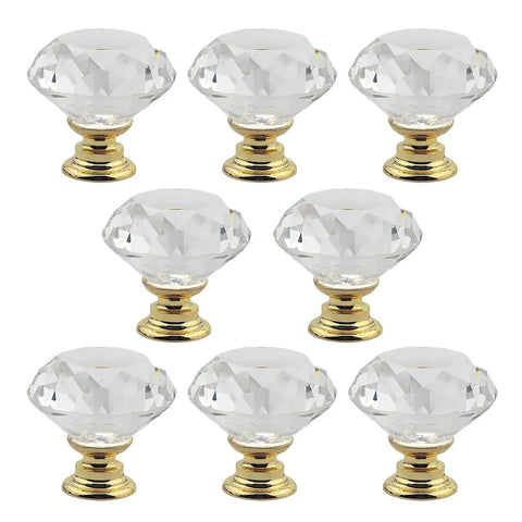 8 Pack Crystal Glass Cabinet Knobs with Gold Base Diamond Style Drawer Pulls for Kitchen Cabinets Dressers Wardrobes and Desks