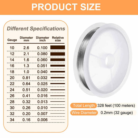 Stainless Steel Craft Wire 0.2mm 328ft 32 Gauge Tarnish Resistant For Jewelry Making Beading And Wrapping Silver size guide