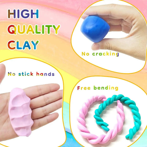 Hands shaping blue and pink clay with text highlighting high quality and features of 70 Color Polymer Clay Kit With Oven Bake Clay For Kids And Adults Diy Sculpting Molding Clay Set With Tools And Jewelry Accessories Arts And Crafts Gift For Boys And Girls Safe Non Toxic Craft Kit