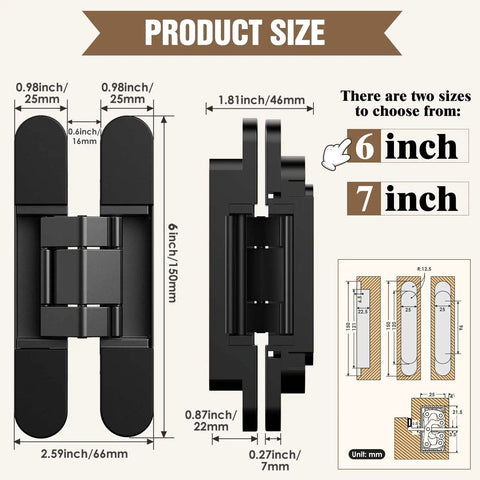Hidden Door Hinges 6 Inch Black Invisible Door Hinge With 3 Way Adjustable Butt Hinge And 180 Degree Swing Concealed Hardware