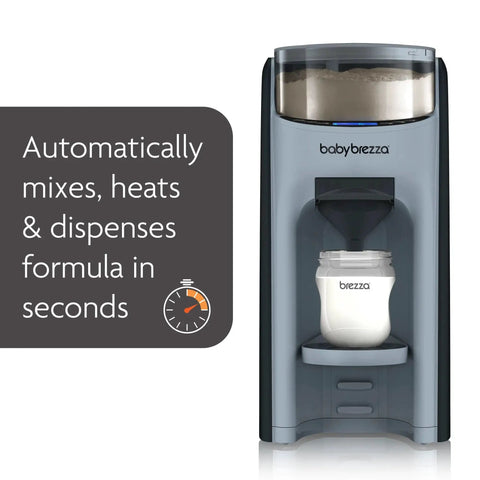 Baby Brezza Formula Pro Advanced formula dispenser machine in slate gray with attached baby bottle, front view