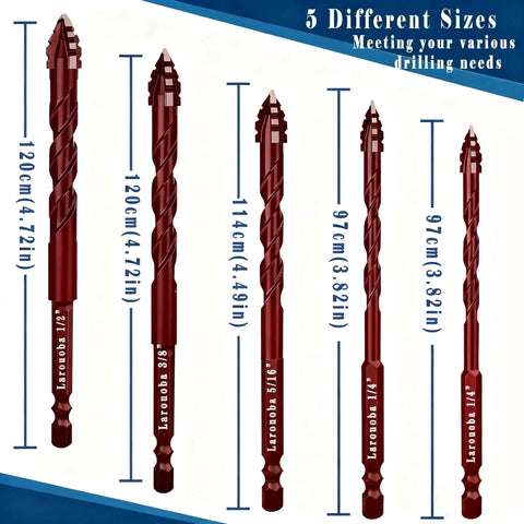 Crisscross Serrated Tip Masonry Drill Bit Set 10 Piece Red Eccentric Bits for Ceramic Tile Brick Glass Plastic Marble and Wood, various sizes.