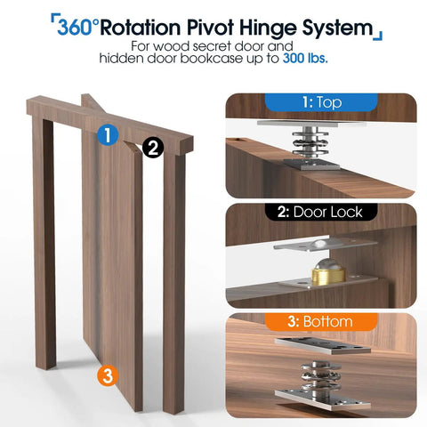 Hidden Door Pivot Hinge For 300 LB Secret Door, Heavy Duty Center Pivot Hardware In 304 Stainless Steel with 360 Degree Rotation