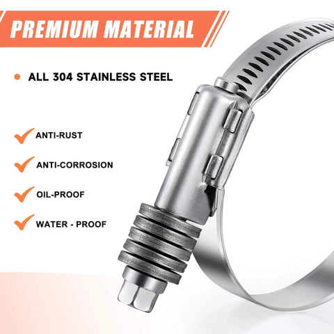 Close-up of a 304 stainless steel worm gear hose clamp, showing the gears. 4 Pack Heavy Duty Worm Gear Hose Clamps Adjustable Range One To One And Three Quarter Inches 25 To 45 Mm 304 Stainless Steel For Water Pipes Plumbing Automotive And Mechanical Applications.