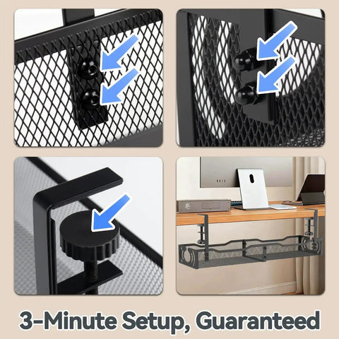 No-Drill Under Desk Cable Tray Organizer installation with clamp mount setup, 25.3 inch metal wire management tray, black.