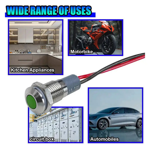 12V/24V Waterproof LED Indicator Light With 8mm Mount Metal Shell Panel Dash Light showing multiple uses in vehicles and appliances