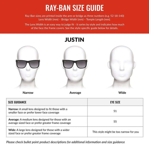 RB4165 Justin Unisex Rectangular Sunglasses size guide with narrow, average, and wide head illustrations.