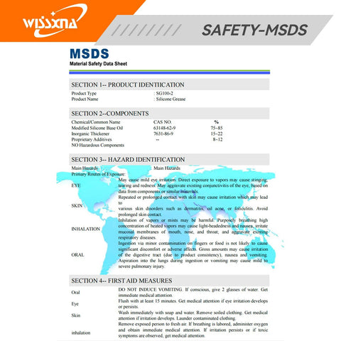 Wissxna Silicone Grease MSDS sheet front view with Wissxna logo, Safety-MSDS banner, and safety sections.