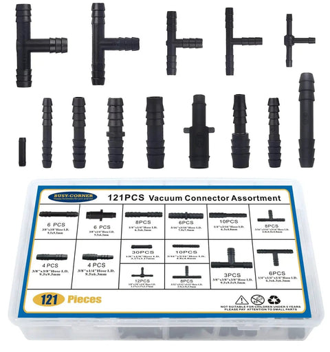 Assorted connectors from 121 Piece 14 Size Automotive Vacuum Connector Kit Nylon Includes Tee Reducer And Straight Vacuum Hose Connectors