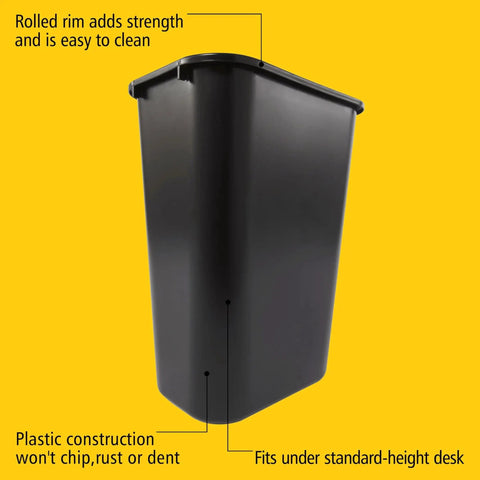 Durable 41 Quart Stackable Wastebasket Trash Can in black, heavy duty plastic with rolled rim, shown from side view.