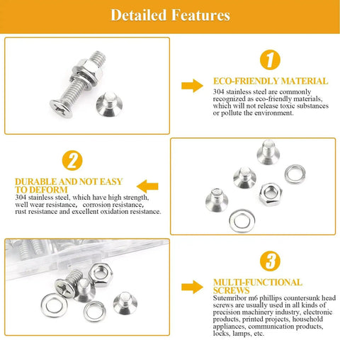 150 Piece M6 Countersunk Phillips Machine Screws Nuts Washers Set For 304 Stainless Steel Fully Threaded Assortment Kit