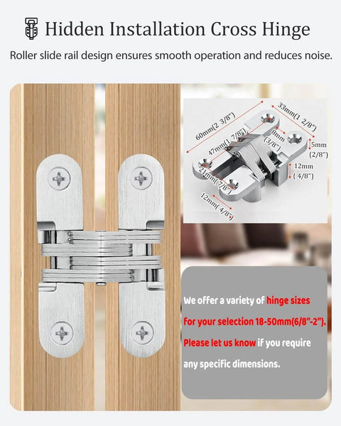 Hidden installation cross hinge with roller slide rail design on a wooden panel for smooth door operation, various sizes available