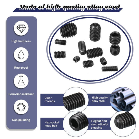 Alloy Steel Socket Hex Set Screw Kit With Cup Point Allen Head Grub Screws, Metric M3 To M8, corrosion-resistant features shown