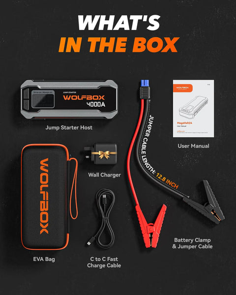 Beast 4000A Jump Starter For 12V Cars And Diesel Engines, 88.8Wh Portable Booster Pack With 65W Quick Charger, showing contents in box.