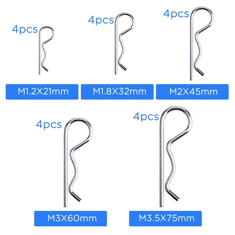 Twenty Pcs R Clips Retaining Pins Tough As Nails Heavy Duty Zinc Plated Split Pin Hitch Pin Set with various sizes displayed